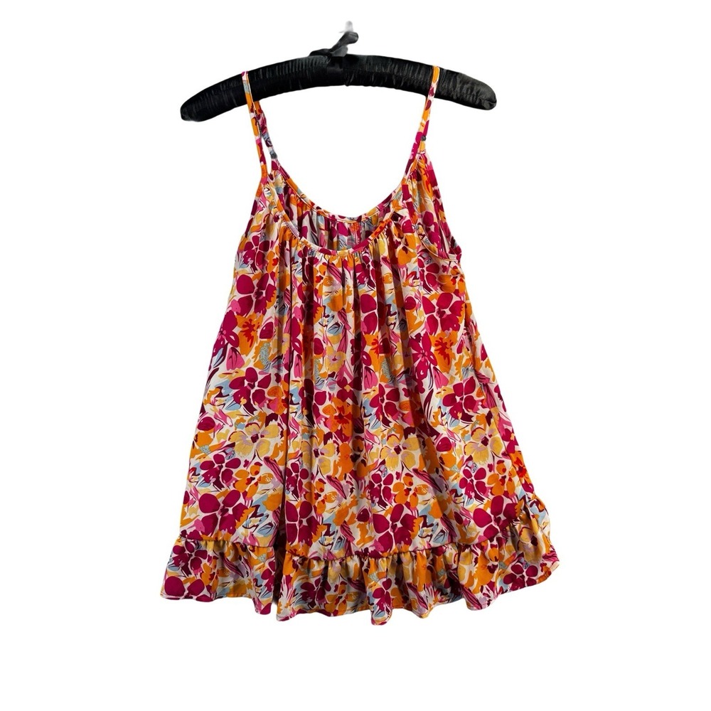 Womens Floral Sleeveless Tank Top Size M Pink Orange Ruffle Hem Boho